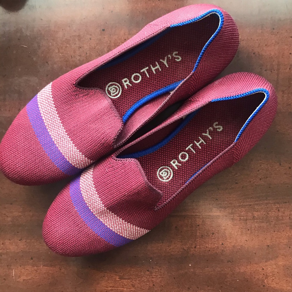 Purple loafer style Rothy’s with stripes in size 8